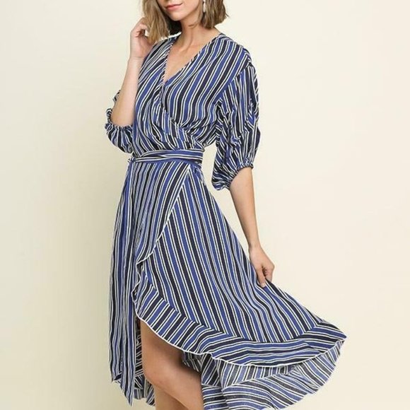 Umgee Navy Mix Striped Puff Sleeve V-Neck Wrap Midi Dress - Picture 1 of 4